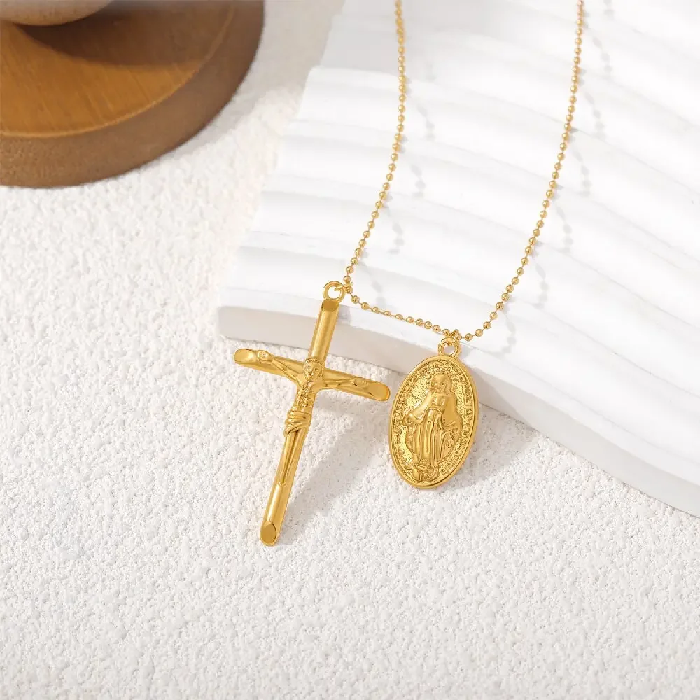 Goth Suffering Jesus Cross Pendant Neckalce Stainless Steel Round Bead Chain Virgin Mary Oval Choker Vintage Jewelry Wholesale