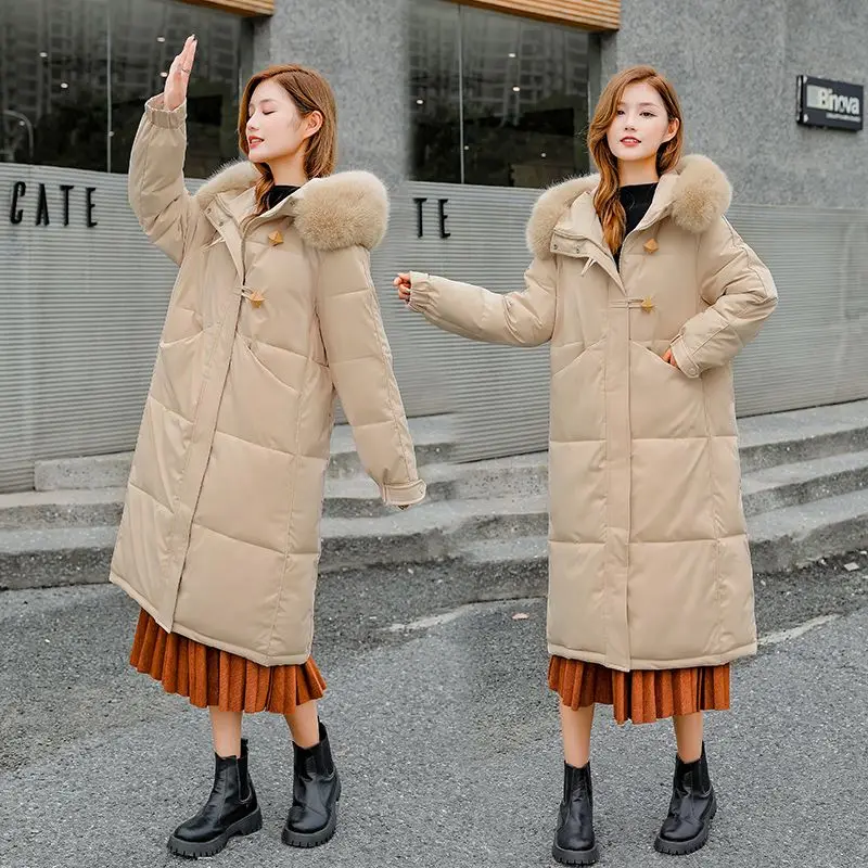 2024 New Women Down Cotton Coat Winter Jacket Female Baggy Long Parkas Thicken Hooded Warm Outwear Solid Color Casual Outcoat