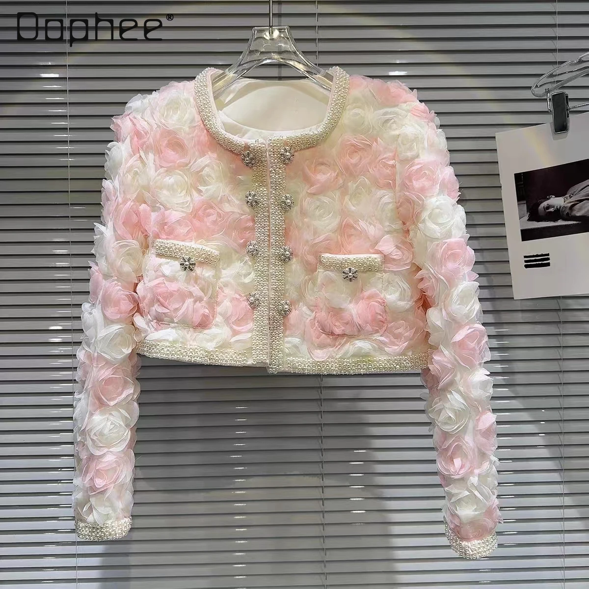 Elegant Pearl Edge Beaded Cropped Jacket Women 2023 Winter New Socialite Woman Three-Dimensional Flower Yarn Quilted Short Coat high quality tb suit white edge three color high waisted short full lining white lining gold buckle business wedding suit jacket