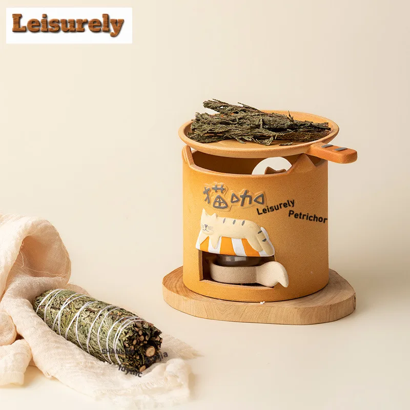 Hand Painted Cute Fortune Cat Tea Warmer Holder Alcohol Burner Stove Kettle Stand Boiling Water Carbon Furnace For Tea Supplies