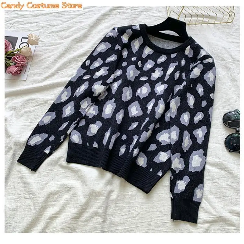 New Women Long Sleeve Knit Leopard Pullover Sweaters+Elastic Waist Pants Sets Fashion Trousers Two Pieces Costumes Outfit