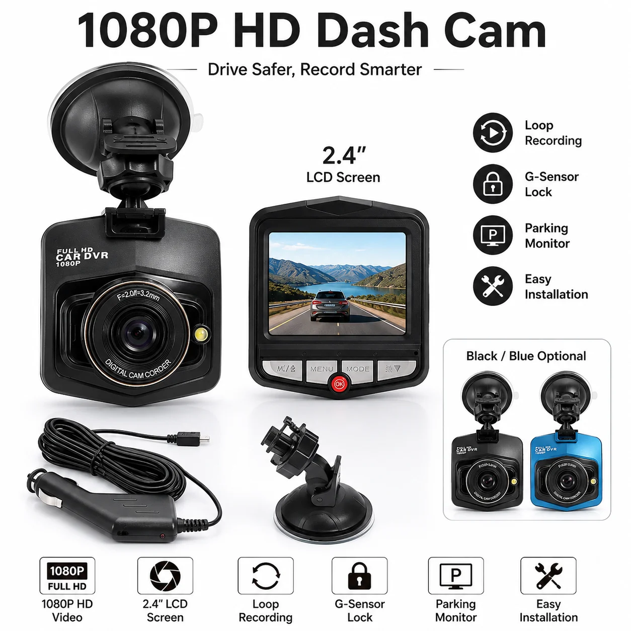 Telecamera DVR per Auto 1080P, Registratore Video HD per Veicoli, Monitor DVR, Telecamera per Parcheggio con Sensore di Gravità e Registrazione in Loop