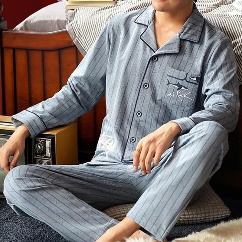 남성용 체크 무늬 잠옷 수트 코튼 잠옷 세트, 캐주얼 홈 의류, 옴브레 라운지웨어, 플러스 사이즈 4XL, 용수철 가을