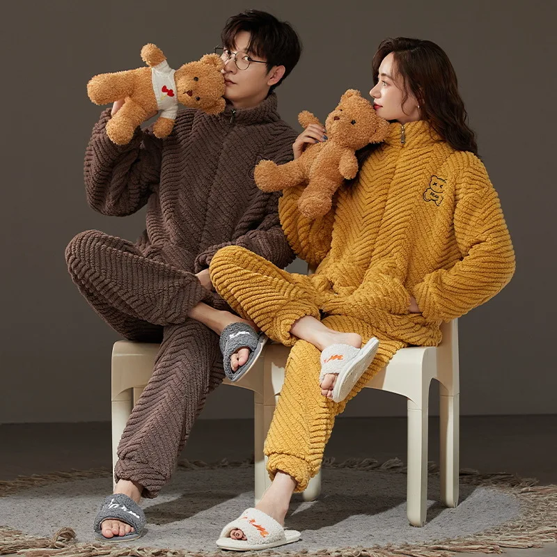 Couple Pajamas Women Flannel Sleepwear Winter Fleece Thick Warm Coral Fleece Men's Zipper Pijama Set Large size Homewear hombre