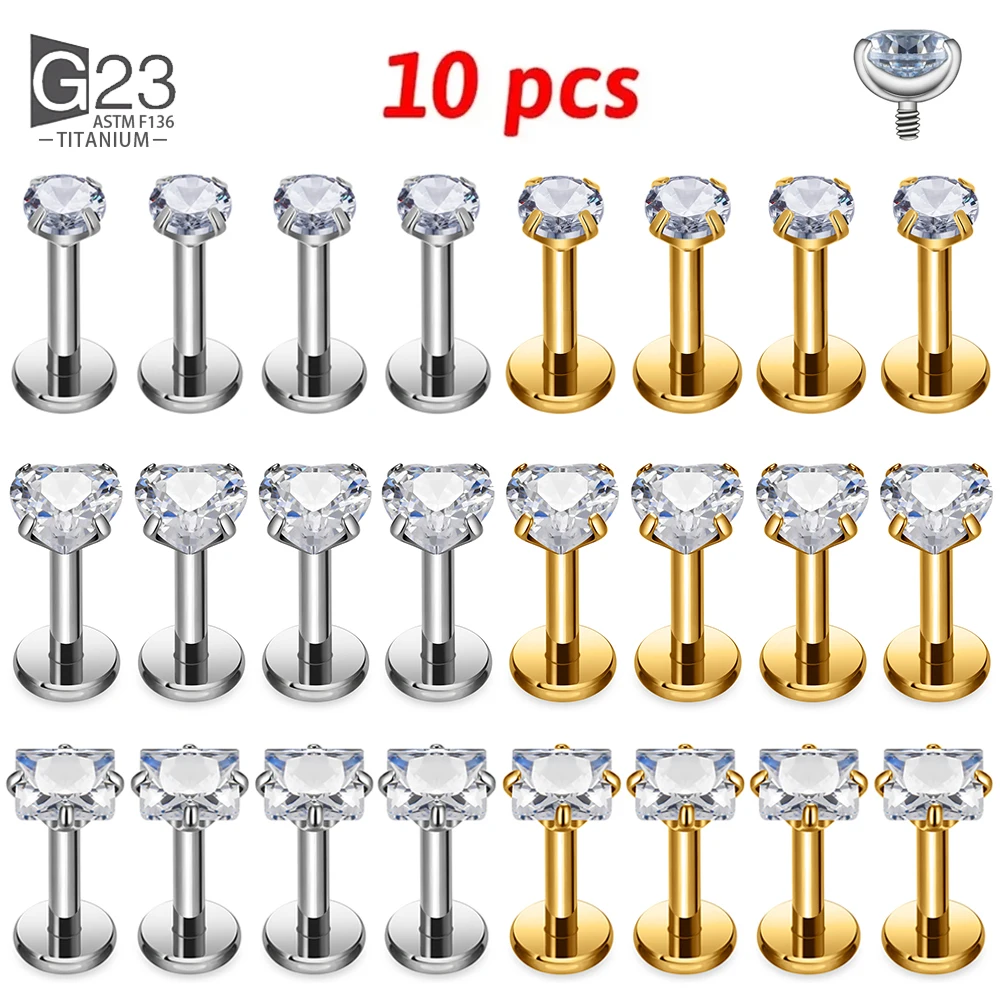 Piercing Jewelry G23 Titanium Piercing Heart CZ Labret Ear Stud Earrings Women Square Shape Lip Stud Body Jewelry Helix Tragus 10Pcs