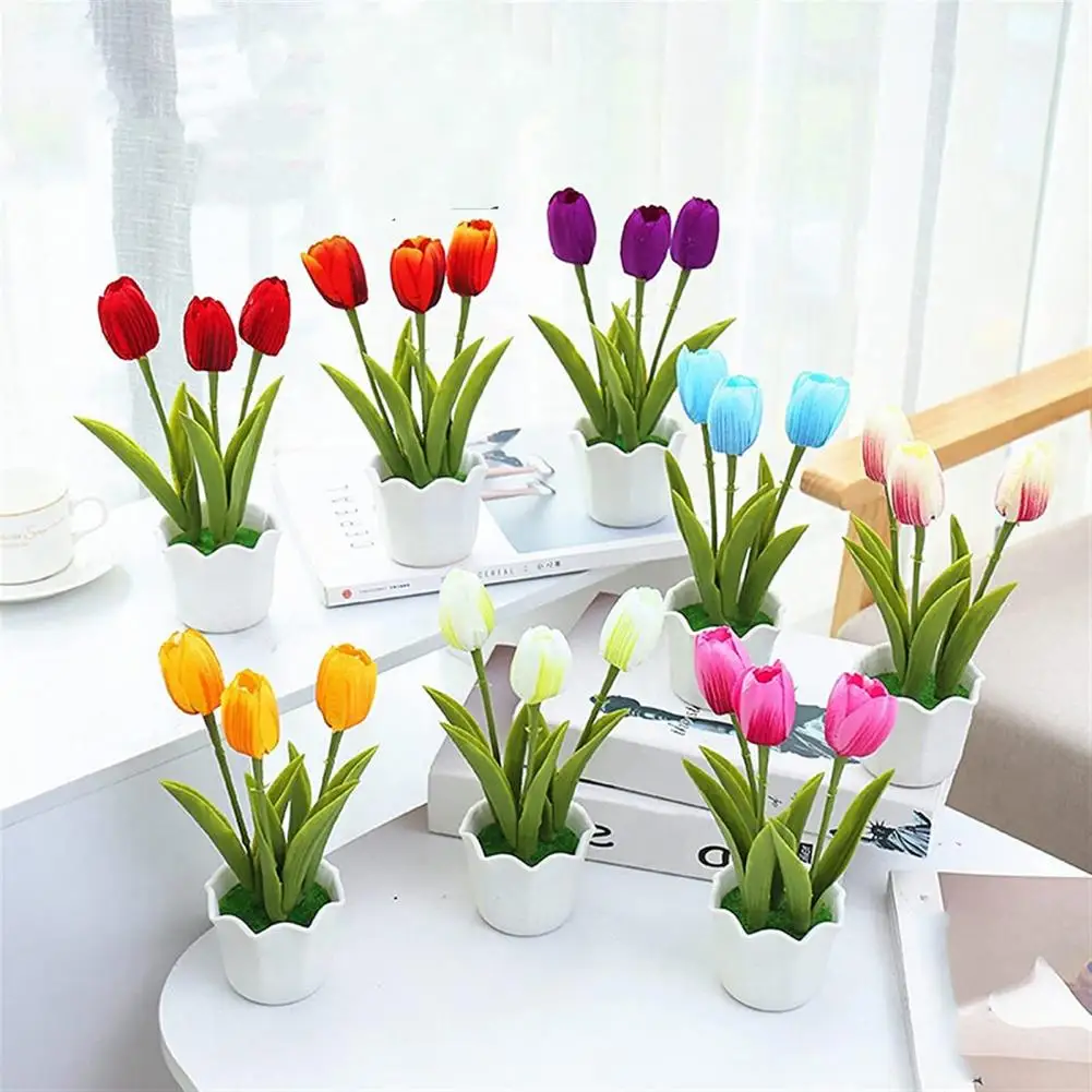 Flowerpot Decor 1 Pot Artificial Flower 3 in 1 Multi purpose Faux Silk Simulation Tulip for Home