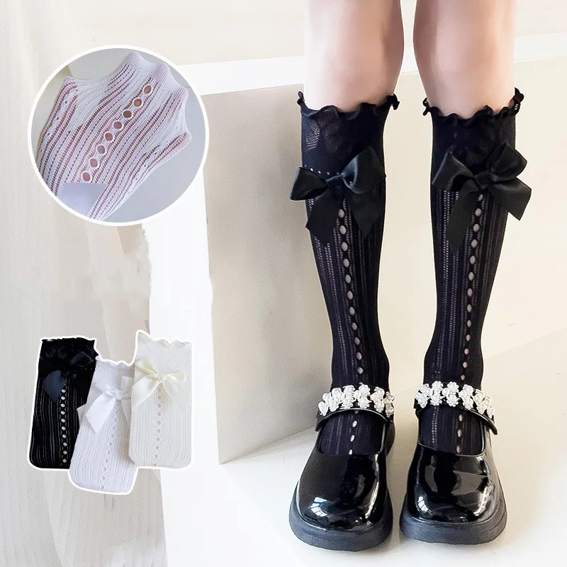 

1 Pair Kid Girl Knee High Sock 2023 New Summer Thin Breathable Calf Sock for Toddler Girl Lace Big Bow Hollow Sock for 3-12T