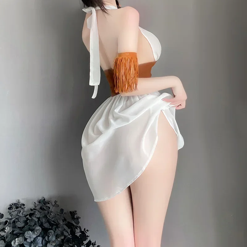 Women Lingerie Women Lingerie Set Sexy White Mesh Halter Dress Brown Corset Waist Western Cowgirl Greek Goddess Fusion