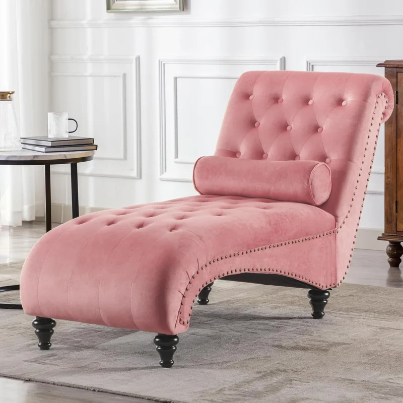 Velvet Button-Tufted Chaise Lounge Chair Leisure Sofa Couch w/Bolster Pillow, Nailhead Trim and Turned Legs for Indoor Living Ro - Image 2