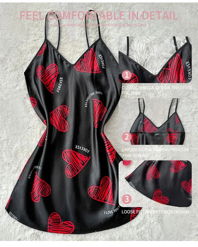 Valentine's Day Red Lip Print Satin Slip Nightdress V Neck Backless Mini Sleep Dress Women's Sleepwear Dresses