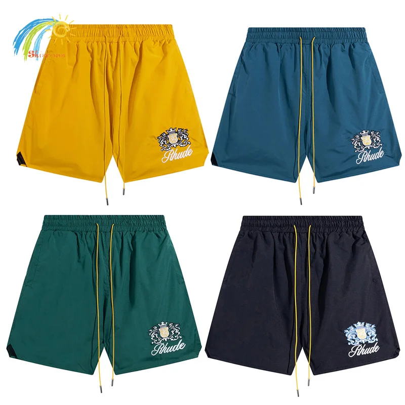 

Blue Green Yellow RHUDE Shorts Men Women Summer Racing Trophy Quick Drying Logo Embroidery Inside Mesh Drawstring Breeches