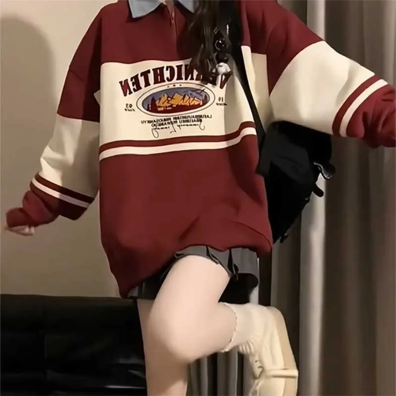 Fashion Lapel Zipper Spliced Printed Casual Sweatshirts Female Clothing 2023 Autumn Oversized Korean Tops All-match Sweatshirts