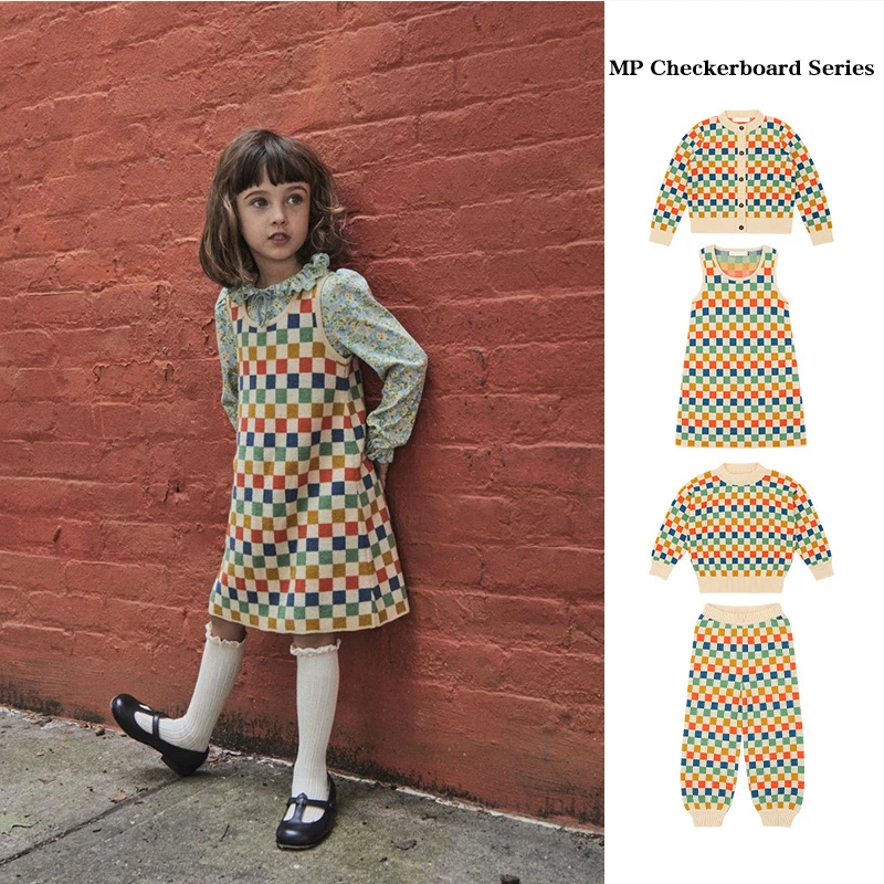 

Girls Dress Fall/Winter 2023 Ins Style MP Girls Colorful Plaid Knit Skirt Baby Checkerboard Vintage Vest Skirt Girls Clothes
