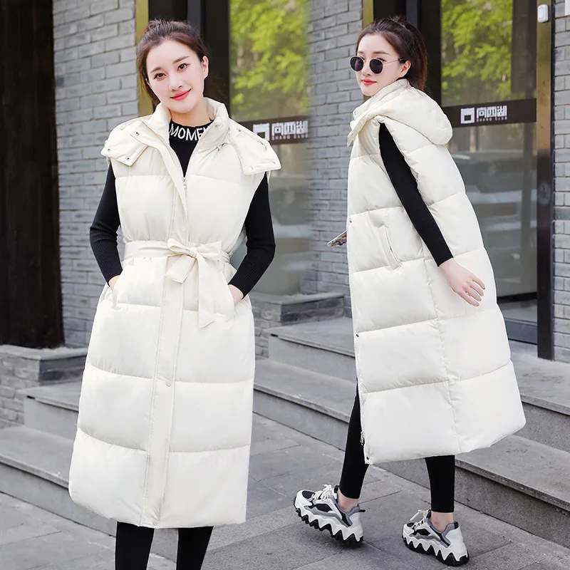 

Down Cotton Coat 2024 Fashion Winter Women's Sleeveless Vest Casual Loose Long Hooded Cotton Jacket Thickened Warm With Belt