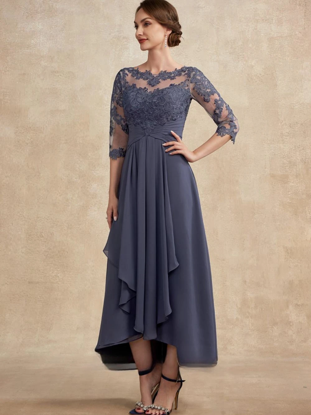 Vestido longo de chiffon gracioso para a mรฃe da noiva, vestido de noite, apliques vintage, vestidos de baile, manga 3/4, casamento