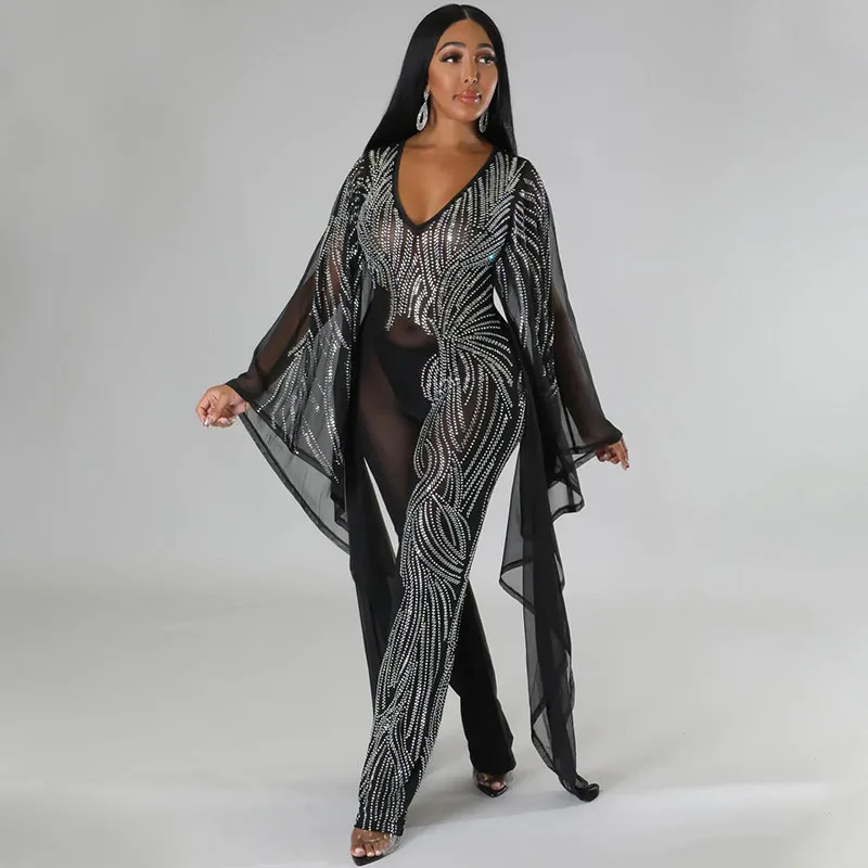 

Luxury Crystal Rhinestone Evening Jumpsuit Women Party Night Sheer Mesh Romper Elegant V-neck Flare Sleeve One Pieces Overalls