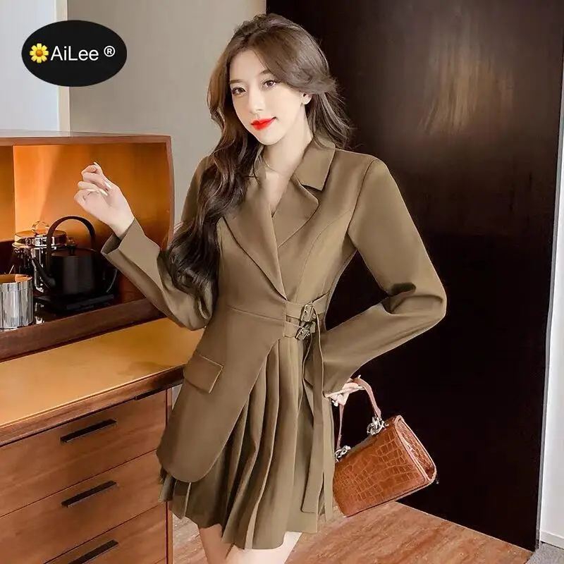M-4XL Korean One Piece Mini Blazer Women Elegant Chic Sash Design Y2k Dress Female Winter Vintage Casual Slim Long Sleeve Dress