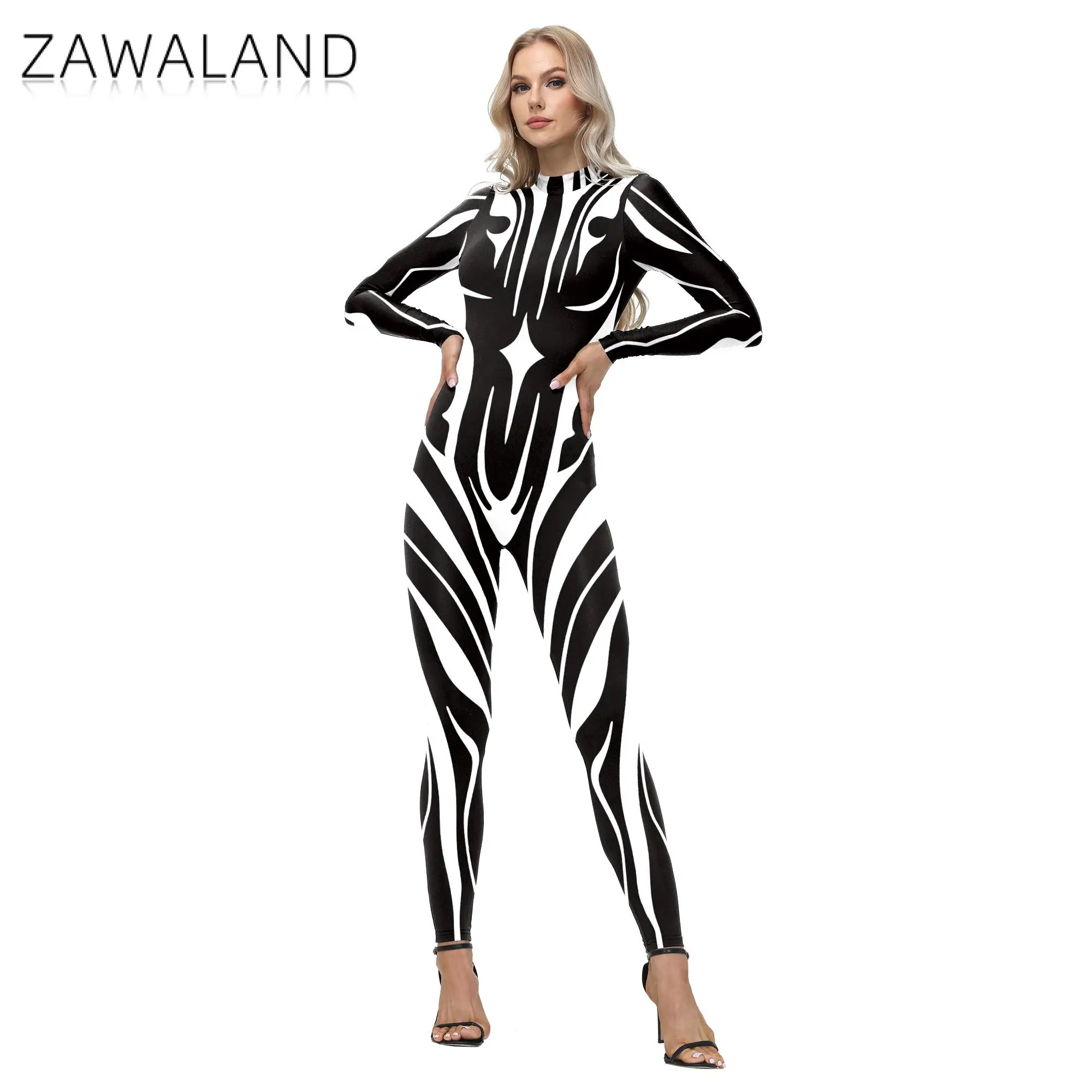 Zawaland Black White Striped Jumpsuit Art Psychedelic Printed Festival Catsuit Stage Performance Costume Disco Bodysuit Outfit