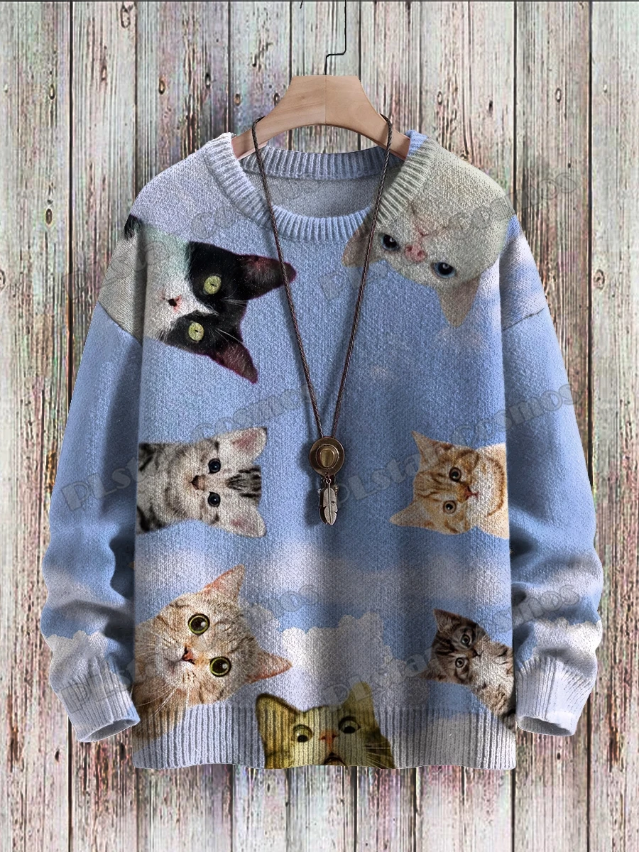 레트로 검은 고양이 눈 아트 패턴 3D 인쇄 남자 Crewneck 니트 풀오버 겨울 남여 캐주얼 니트 풀오버 스웨터 ZZM46