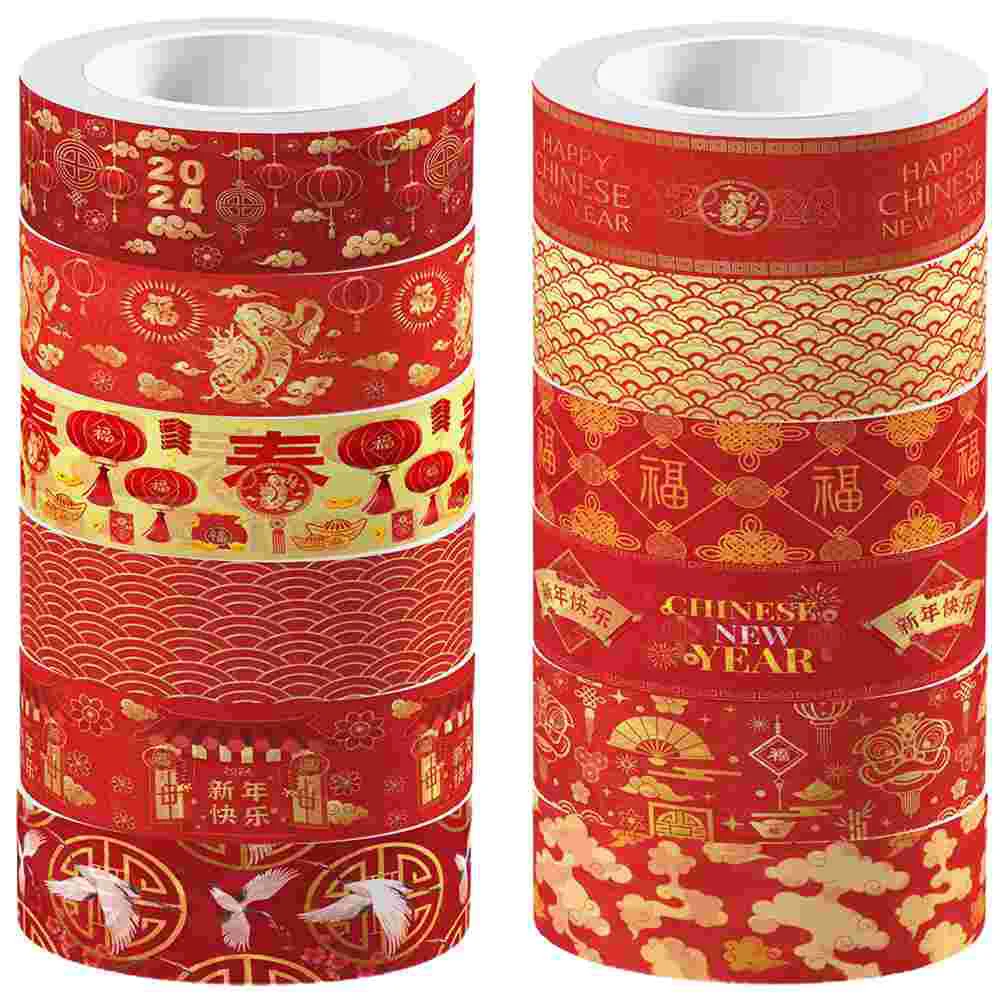 

12 Rolls Washi Tape Chinese New Year Style Red Set 2024 Spring Festival Tapes Diy Label Scrapbooking Dragon Decor