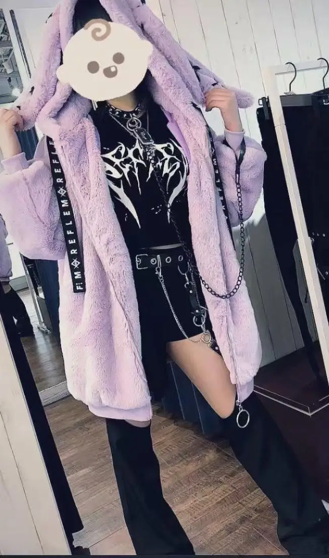 Harajuku Gothic Punk Dark Academia Clothes Fur Patchwork Hoodie Sweatshirts 2025 Autumn Winter New Cardigan Coat Women