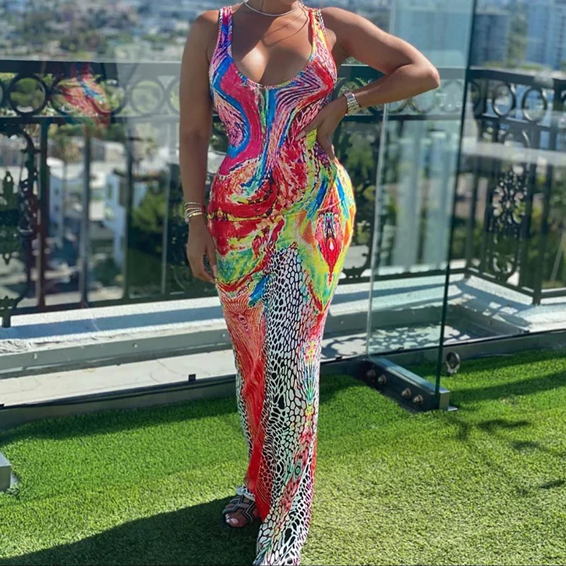 

Женское летнее платье, Трендовое летнее и осеннее платье 2023, Новое сексуальное платье без рукавов с U-образным вырезом и цветными лямками с принтом для женщин