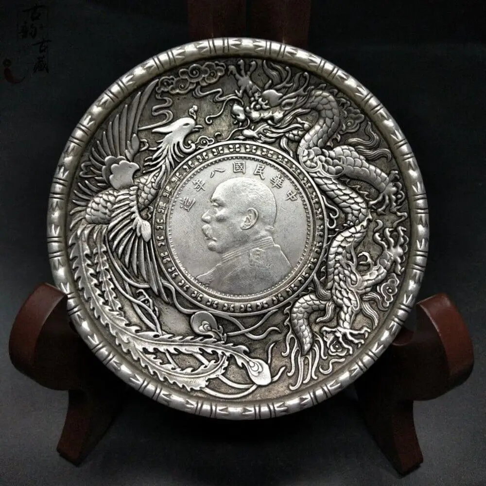 

Old Chinese Tibet Silver Handcarved Dragon Phoenix Plate Tea Tray