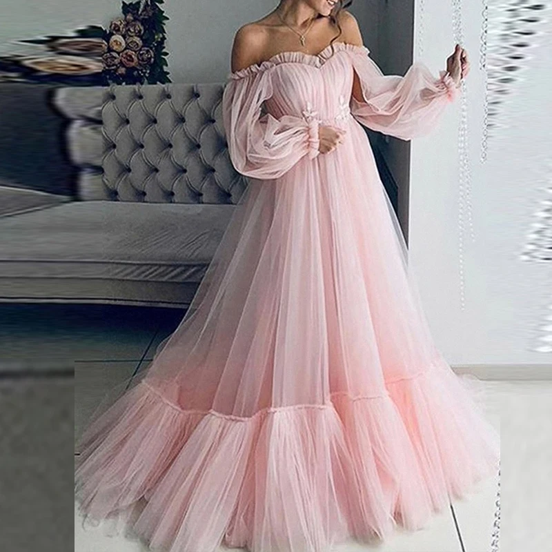 Off Shoulder Sweetheart Overlay Tulle Champagne Bloom Flower Bridal Gowns Women Dress Fairy Solid Color Puffy Mesh Wedding Dress