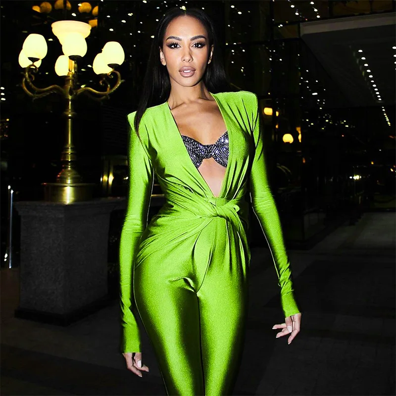 Fall Winter New Women Solid Color  Hollow-Out Long-Sleeved Deep V-Neck Hip-Lifting Sexy Skinny Bodycon Hot Girl Party Jumpsuit