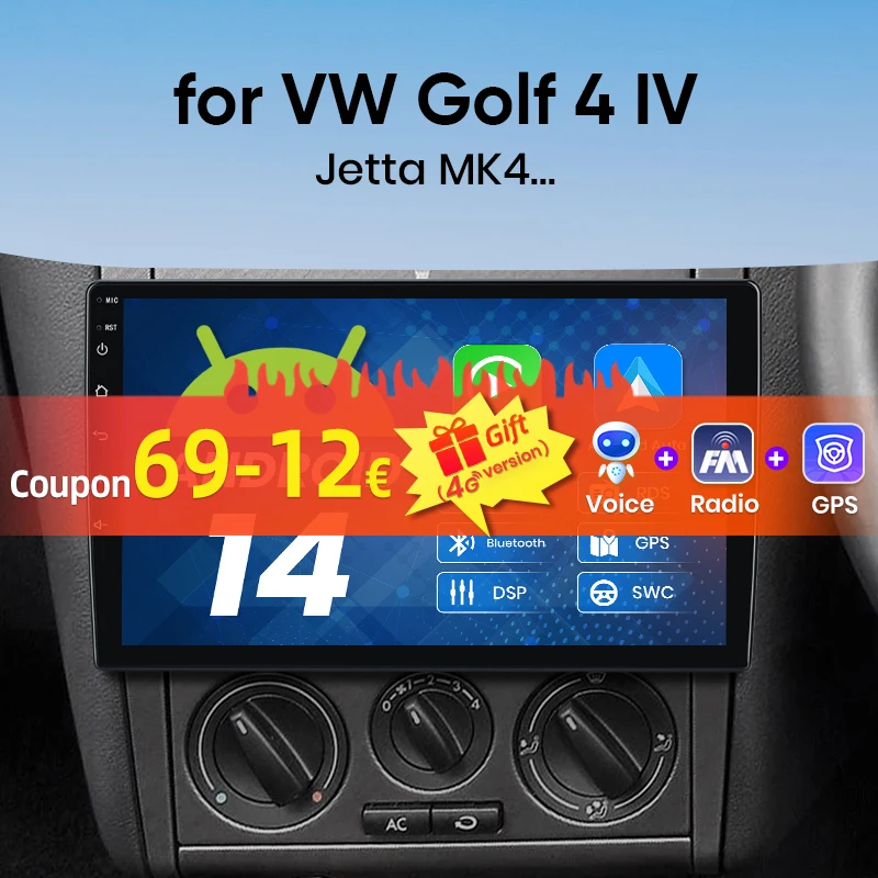 Wireless CarPlay Android Auto Radio For Golf 4 Jetta MK4 1997-2003 Car Multimedia Player GPS 2din Autoradio Stereo Bluetooth RDS