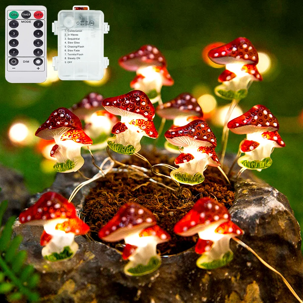

Battery/USB Operated Mushroom String Light With Remote Control 8 Modes 3 Meters For Potted Decoration Christmas Tree Garden