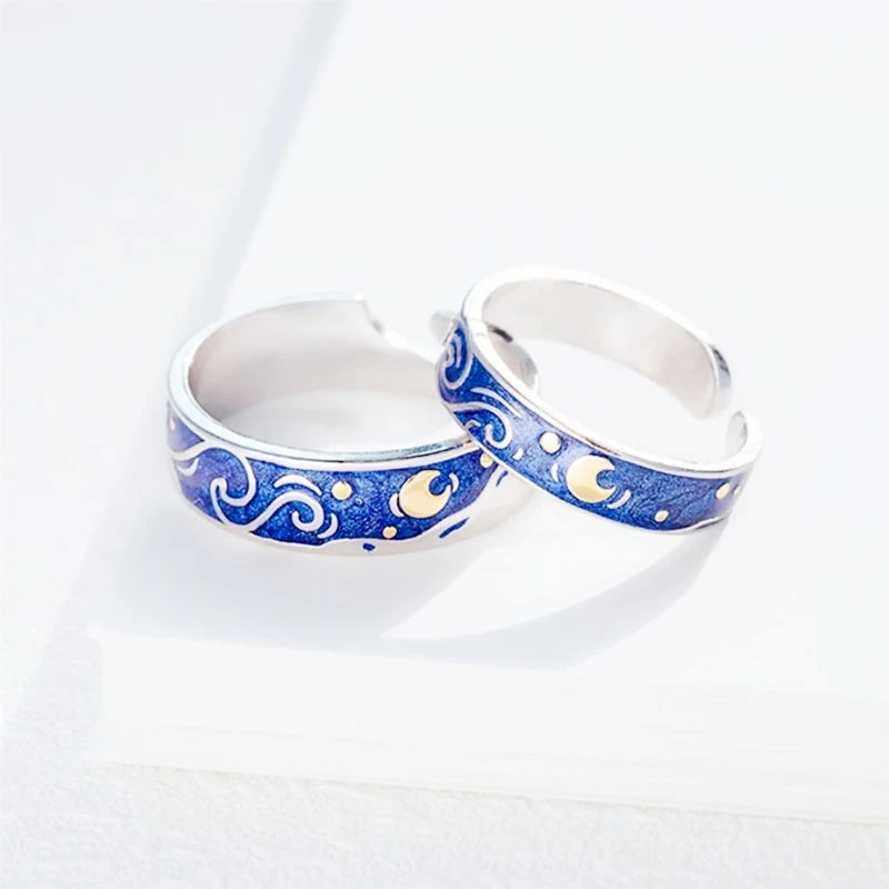 WYEAIIR 925 Sterling Silver Van Gogh Starry Sky Couple Ring Sweet Romantic Gift Resizable Opening Ring For Women Luxury Jewelry 5