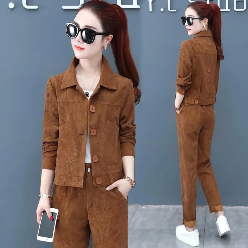 warm suits for women Winter plus size 2 Piece Suit Corduroy Casual Hooded Fur Collar Coat 2024 new autumn top and pants lounge