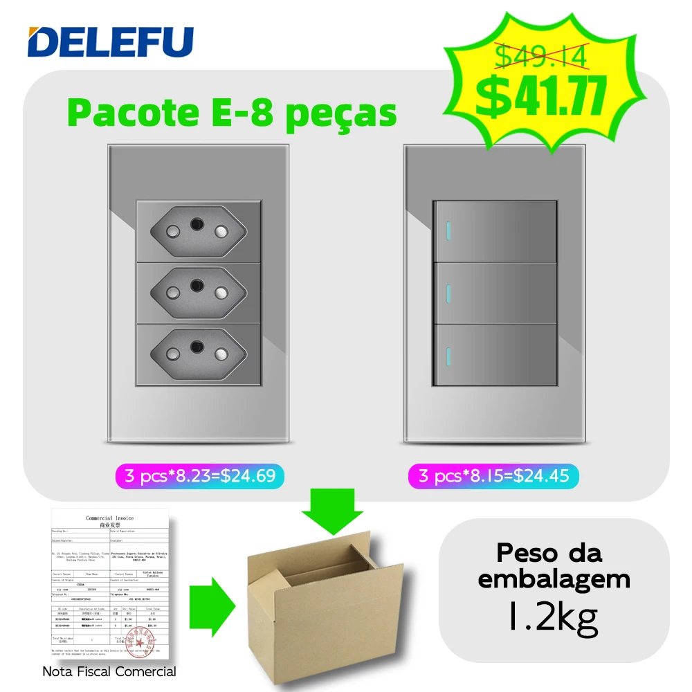 Painel de Vidro Temperado Cinza, Tpye-c USB, Interruptor de Parede 3Gang,