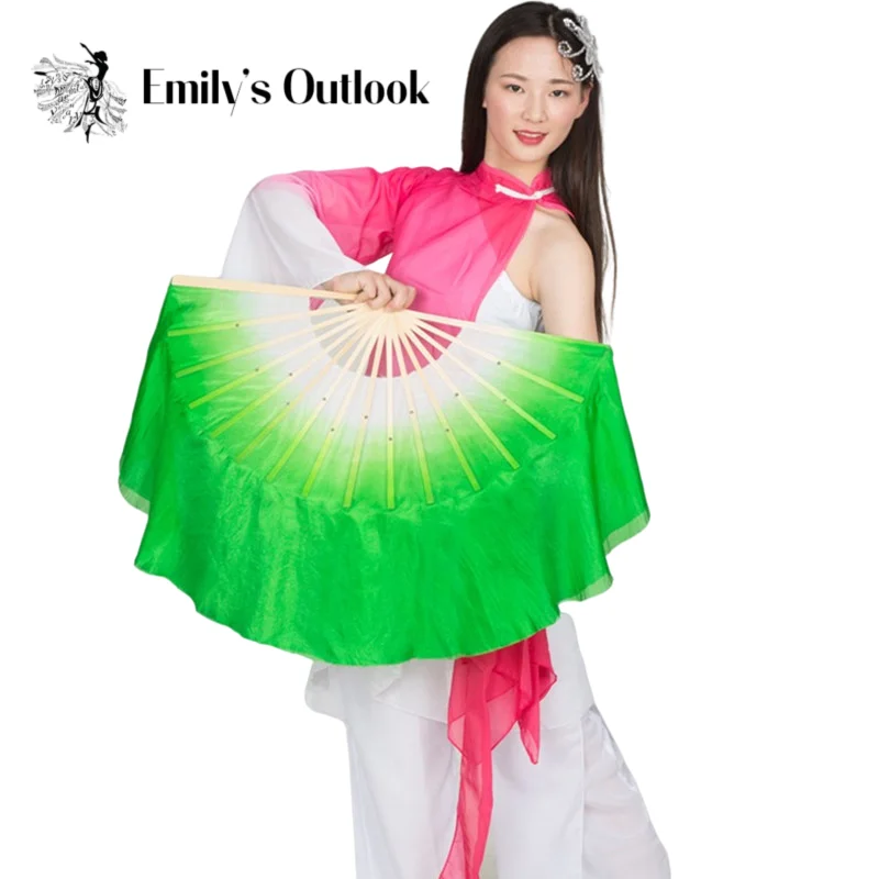 Hot Belly Dance 100% Real Silk Fan Veils Various Size White Green Gradient Chinse Folk Dance Bamboo Folding Fan Props 16"-34"