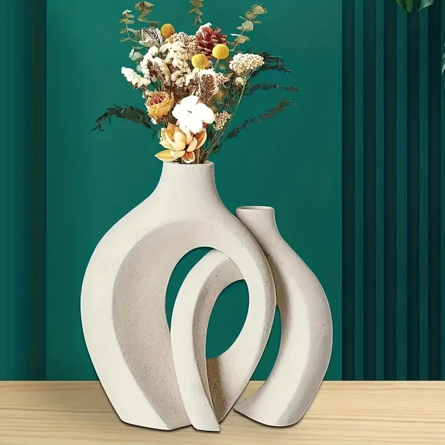 Vasi Decorativi Ceramica Set Di 2 - Bianco E Nero, Stile Boho Nordico | Per Fiori Secchi O Freschi