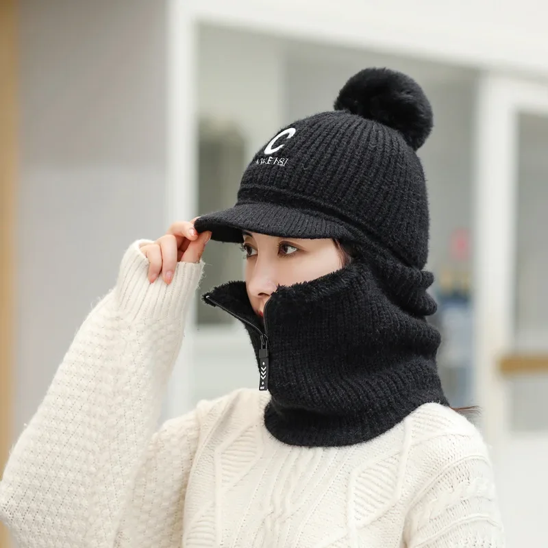 Letters C Knitted Beanie Scarf Set For Woman Girl Curved Brim Autumn Winter Hat Zipper Pompoms Cycling Ski Hunting Hat 5