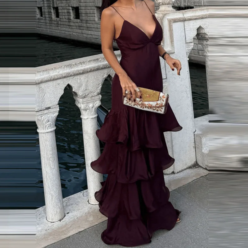 2025 New Ruffle Design High Waist Yacht Dress Cocktail Party Slim Fit Women's Long Dress Sexy V Neck Solid Summer Camisole Dress 2