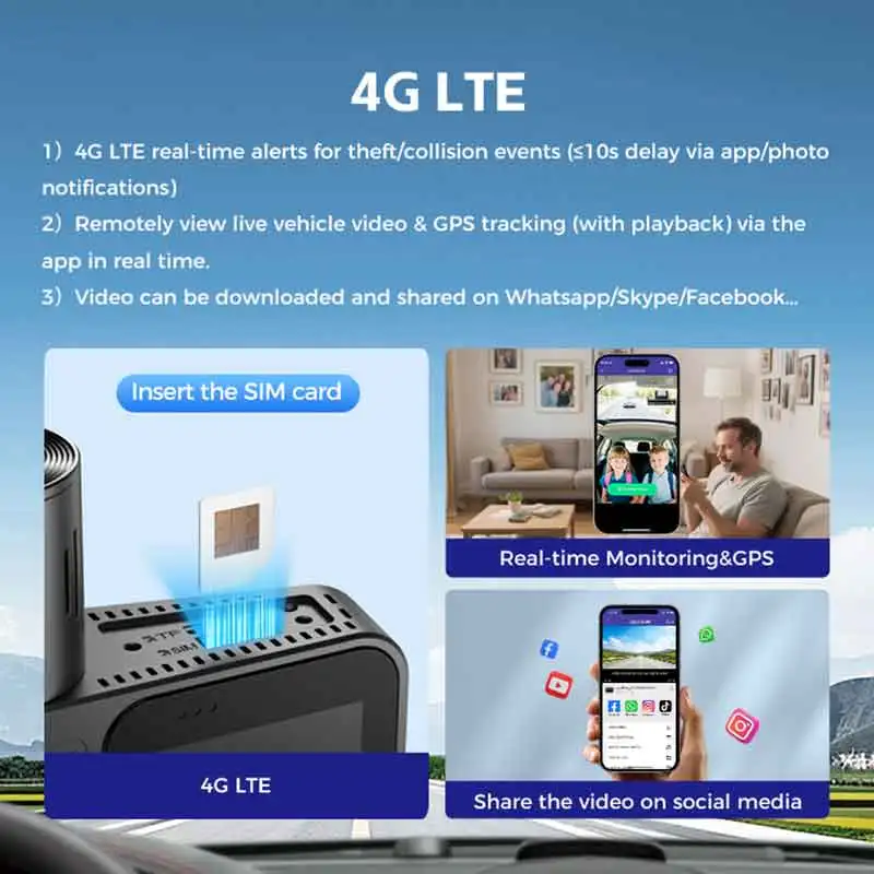 AZDOME S58 4G LTE 차량용 카메라 3채널 실시간 영상 GPS 추적 와이파이 24시간 원격 모니터링 블랙박스 차량용 DVR 레코더 무료 앱 웹
