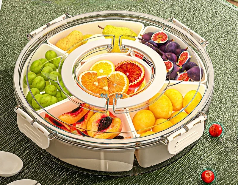 Six Point Rotating Fruit Tray with Handle Sealed Moisture-proof Dried Fruit Tray Portable Household Circular Snack Box with Lid fruit plate wooden serving tray snack dish plastic serving tray