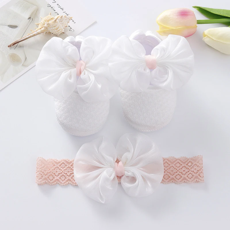 0-18months Toddler Girl Flat Shoes Spring Autumn Baby Girls Bowknot Soft Sole Anti Slip Crib Shoes + Lace Headband
