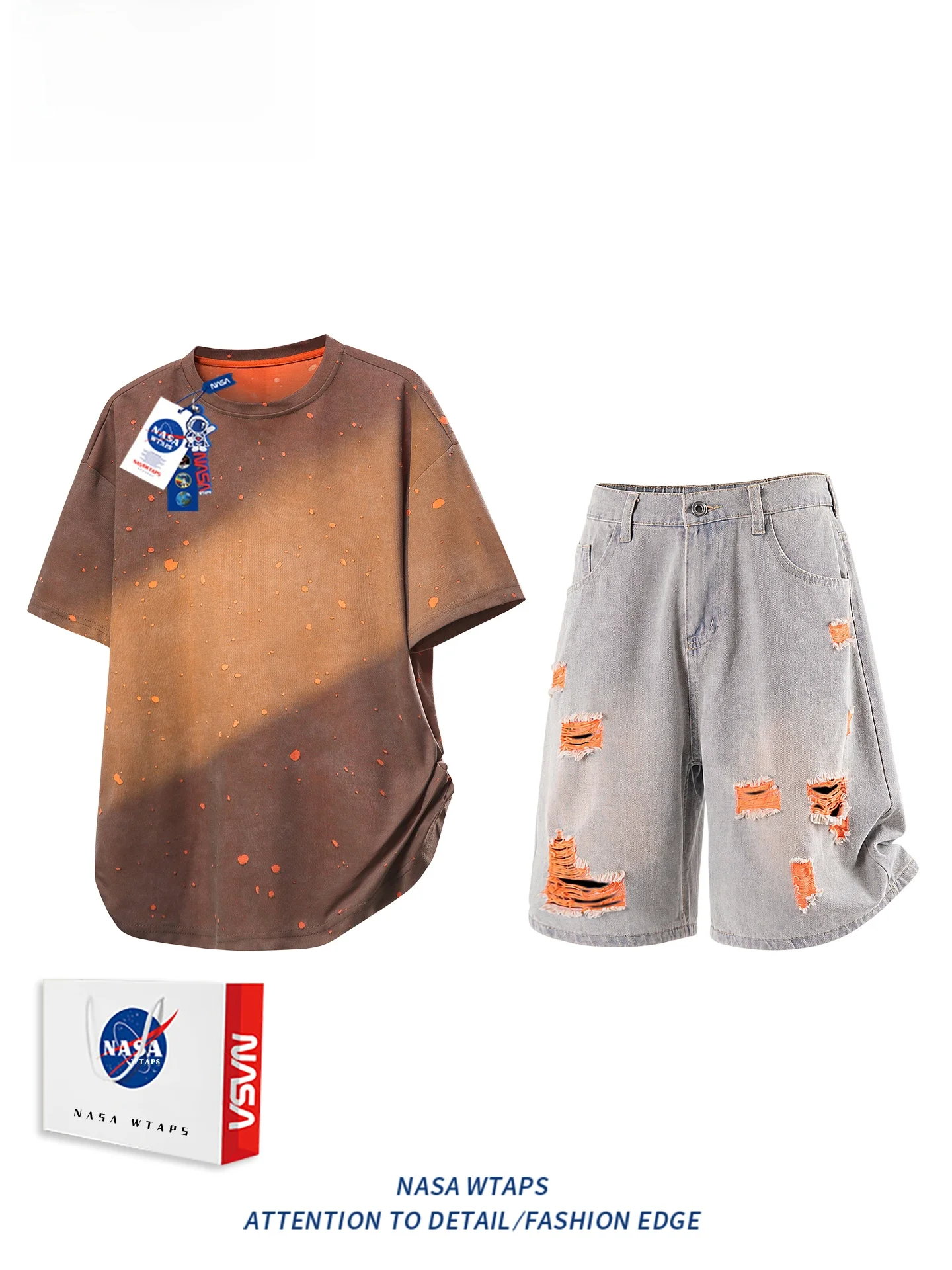 WTAPS 아메리칸 캐주얼 스포츠 세트 남성 여름 염색 홀 디자인 반팔 티셔츠 청반바지 투피스 세트 청소년용 면 폴리에스터
