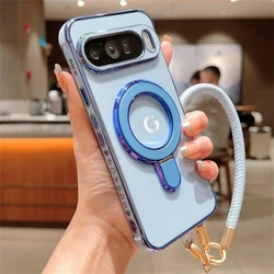 Luxury Plating Magnetic Ring Holder Shockproof Silicone Phone Case with Wristband - Google Pixel 8 Pro (Sierra Blue)