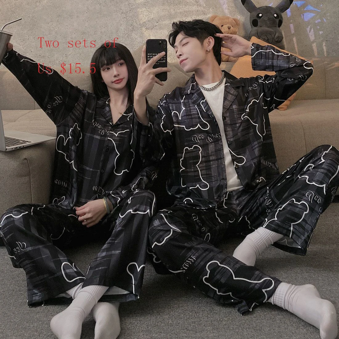 

1 Paragraphs couple pajamas age season long sleeve thin cartoon brim summer lady leisurewear suit men