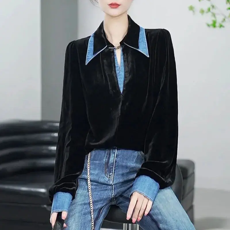 Elegant Lapel Spliced Loose Fake Two Pieces Blouse Female Clothing 2023 Autumn New Oversized Casual Pullovers Office Lady Shirt