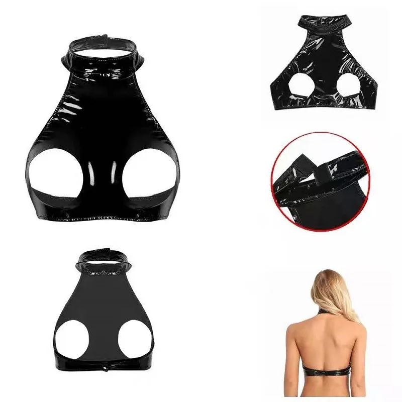 

Sexy Lingerie Women Glossy Faux Leather No Peculiar Smell Open Breast Cupless Bra Crop Top Blouse Vest Bralette Underwear