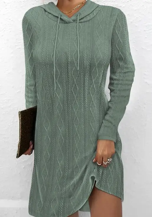 

Women Dresses 2023 Autumn Casual Hooded Long Sleeve Cable Textured Fashion Loose Drawstring Straight Mini Dress Female Clothing