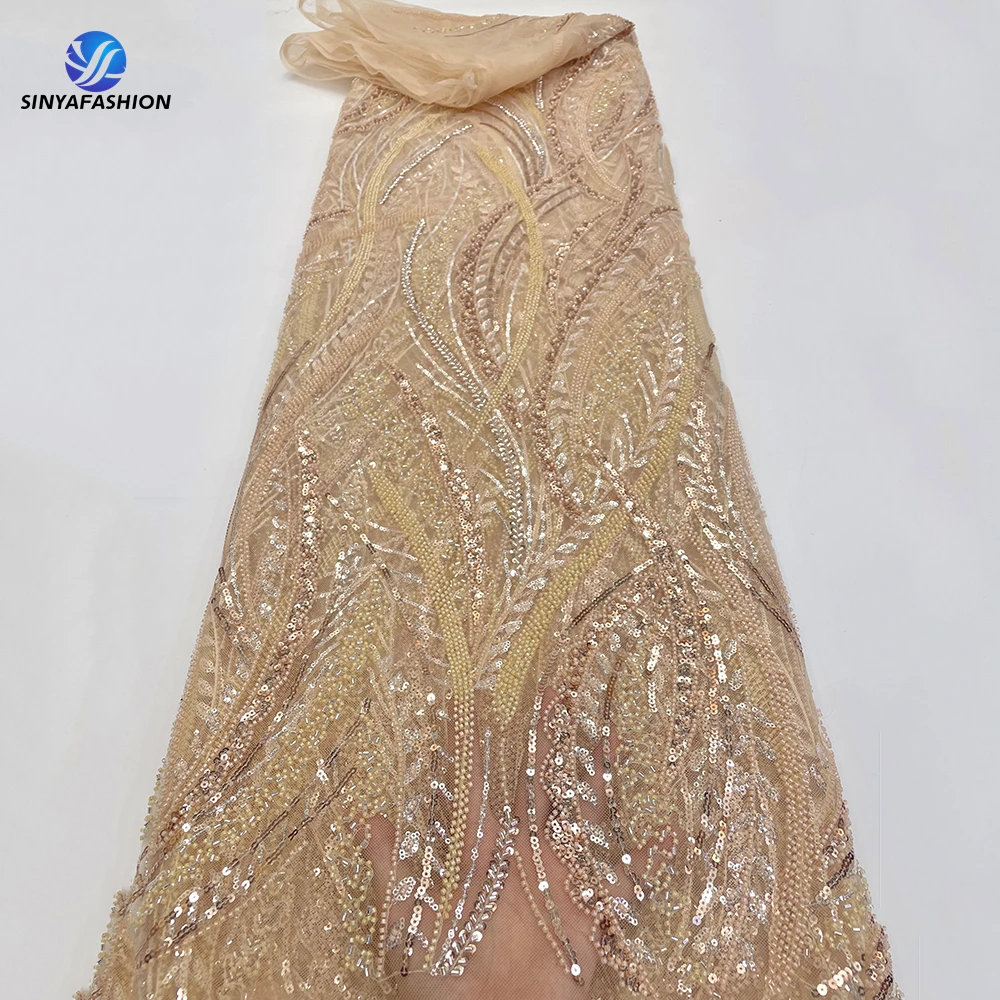 

Sinya Groom Sequins Lace Fabrics High Quality 2023 French Tulle Beaded Mesh Lace Fabrics Wedding Dress Materials Sewing 5 Yards