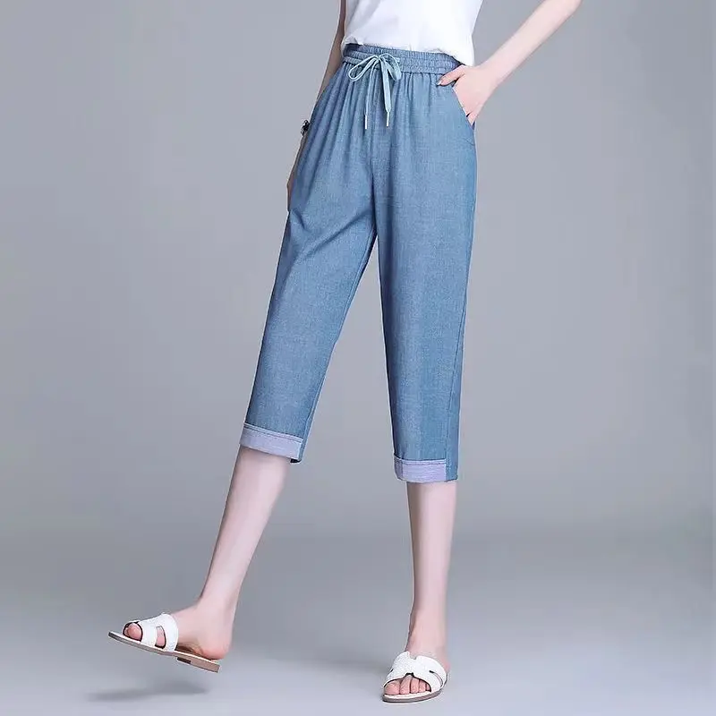 Women's Summer Thin Jeans Casual Sports Oversized Pocket Harlan Pants High Waist Elastic Cropped Straight Leg Denim Pants