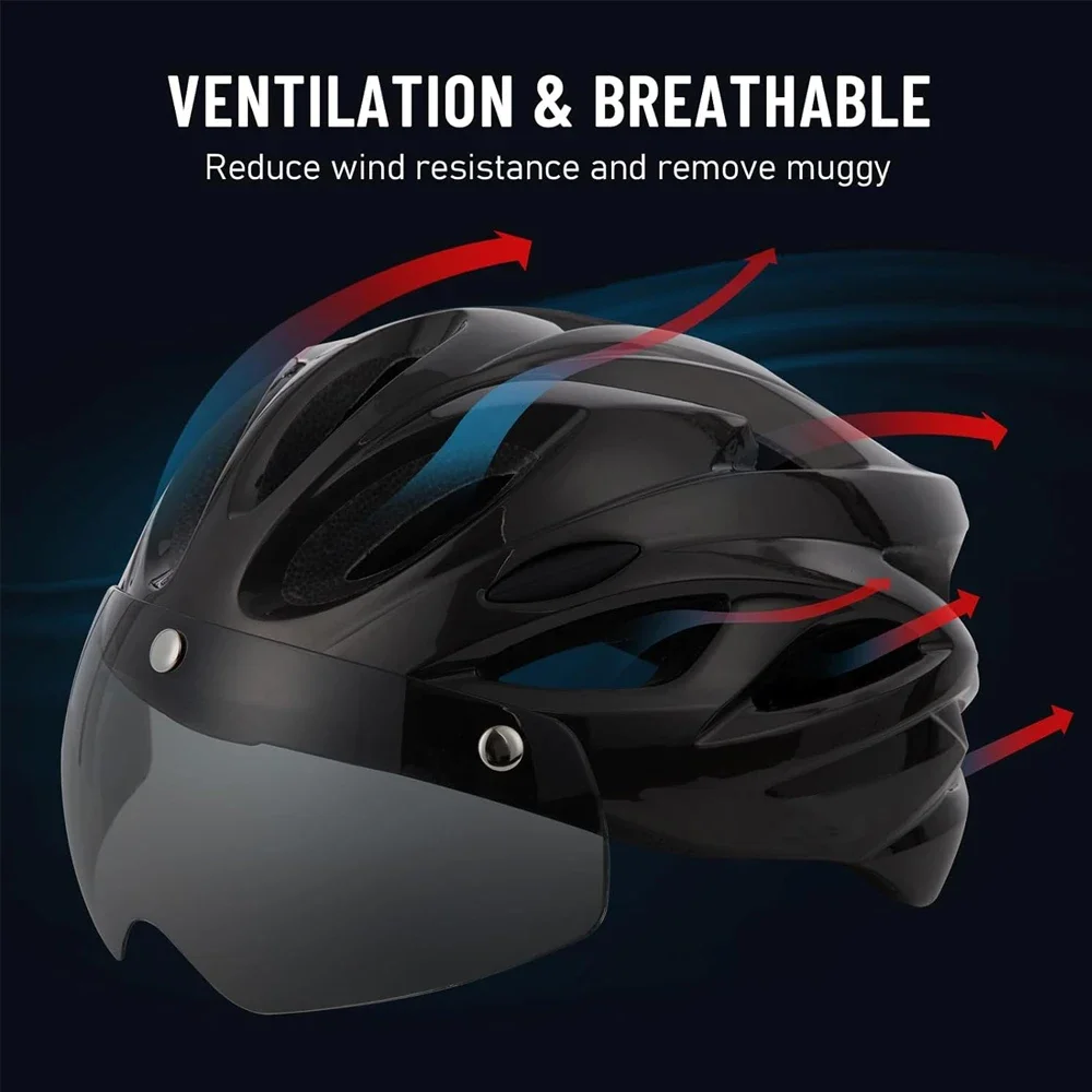 Bike Helmet with Light & Detachable Magnetic Goggles UV Protective, Bicycle Helmet Mountain Road Adjustable Adult Cycling